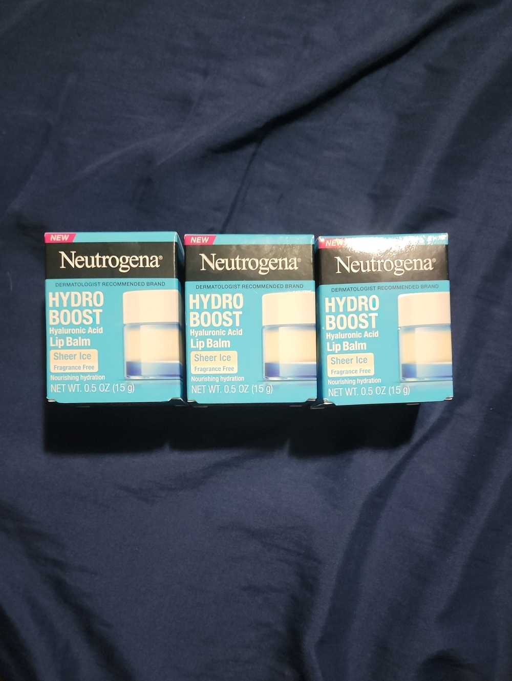 3 new Neutrogena Hydro Boost Hyaluronic Acid Lip Balm - Blue and White Packaging